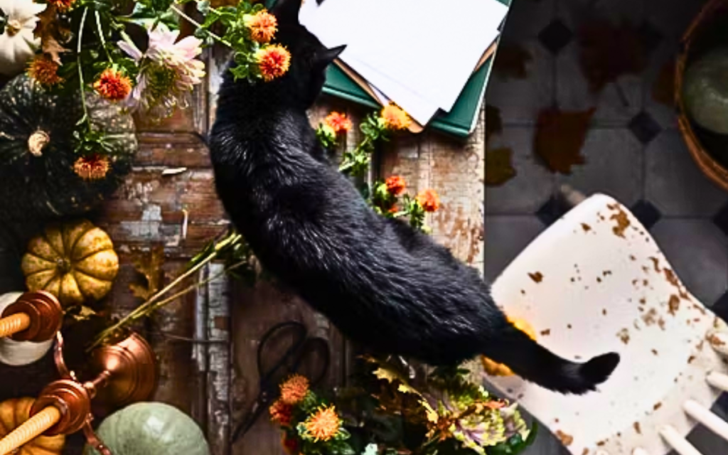 Black cat walking across herbs and flowers on a vintage wood desk