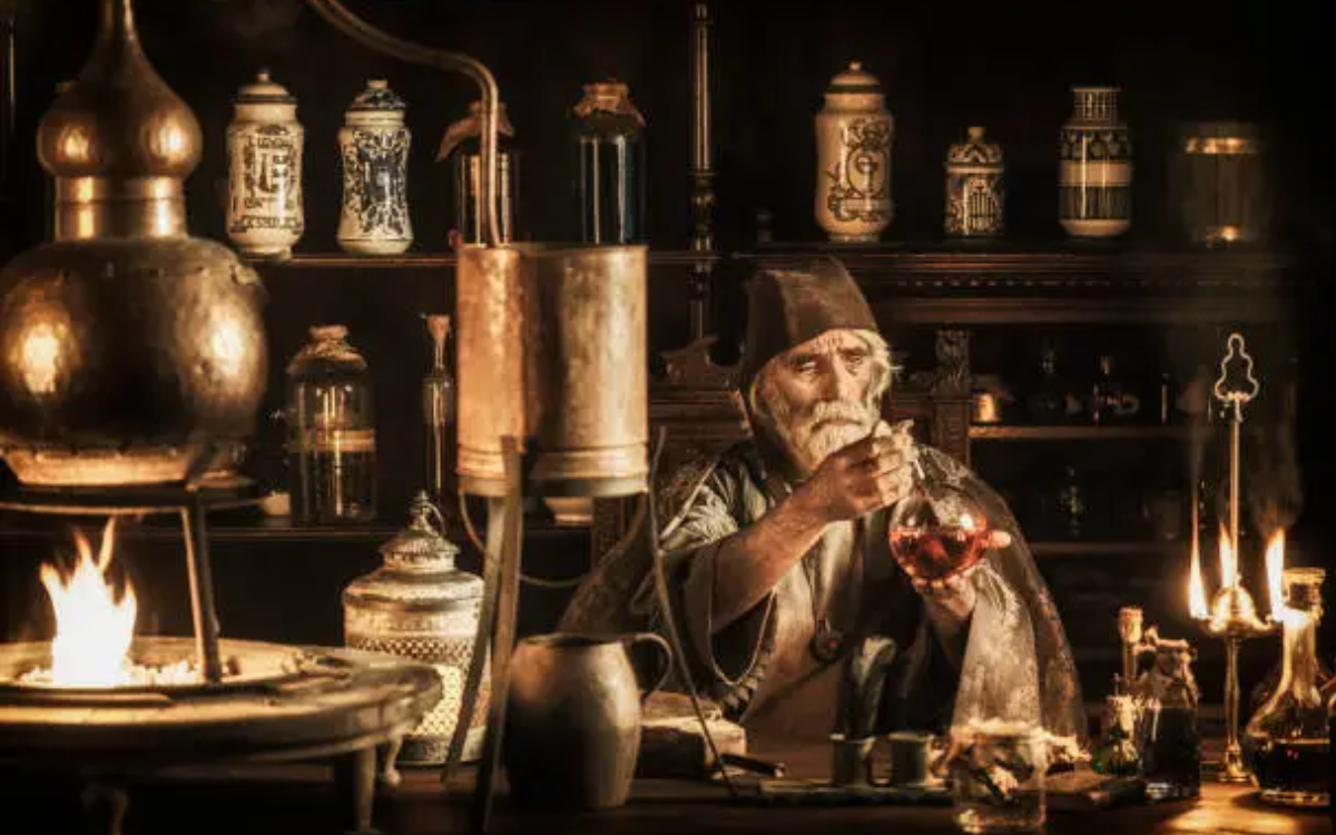 Old man working with tubes and science equipment beside a flame